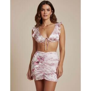 For Love & Lemons NWT Taylor Pink Floral Ruffle Crop Top Ruched Skirt Set Large